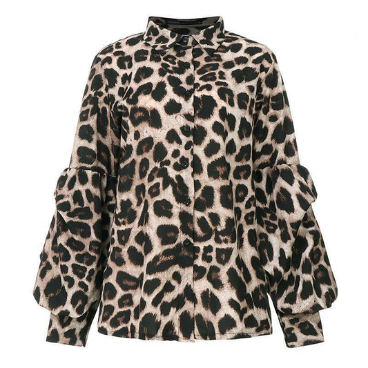 MONO//FIT leopard print tops for women with puff sleeves and button-down design