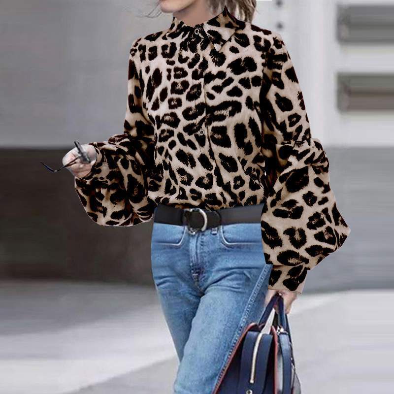Chic MONO//FIT leopard print tops for women with button-up design and stylish bell sleeves