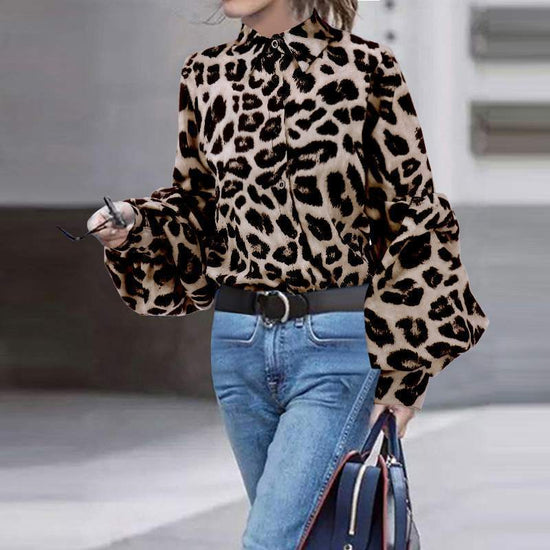 Chic MONO//FIT leopard print tops for women with button-up design and stylish bell sleeves