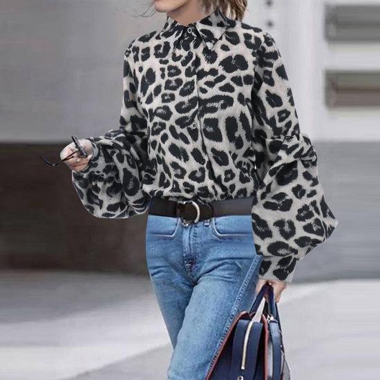Stylish MONO//FIT leopard print tops for women with bell sleeves and a button-up front