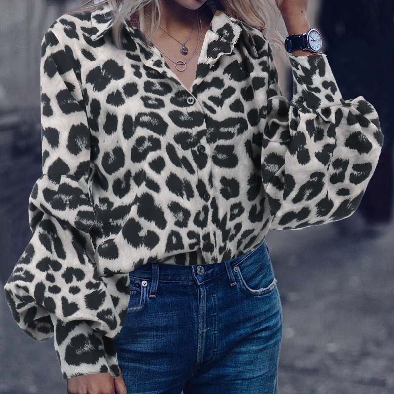 MONO//FIT leopard print tops for women with puff sleeves and a button-up front, styled with jeans