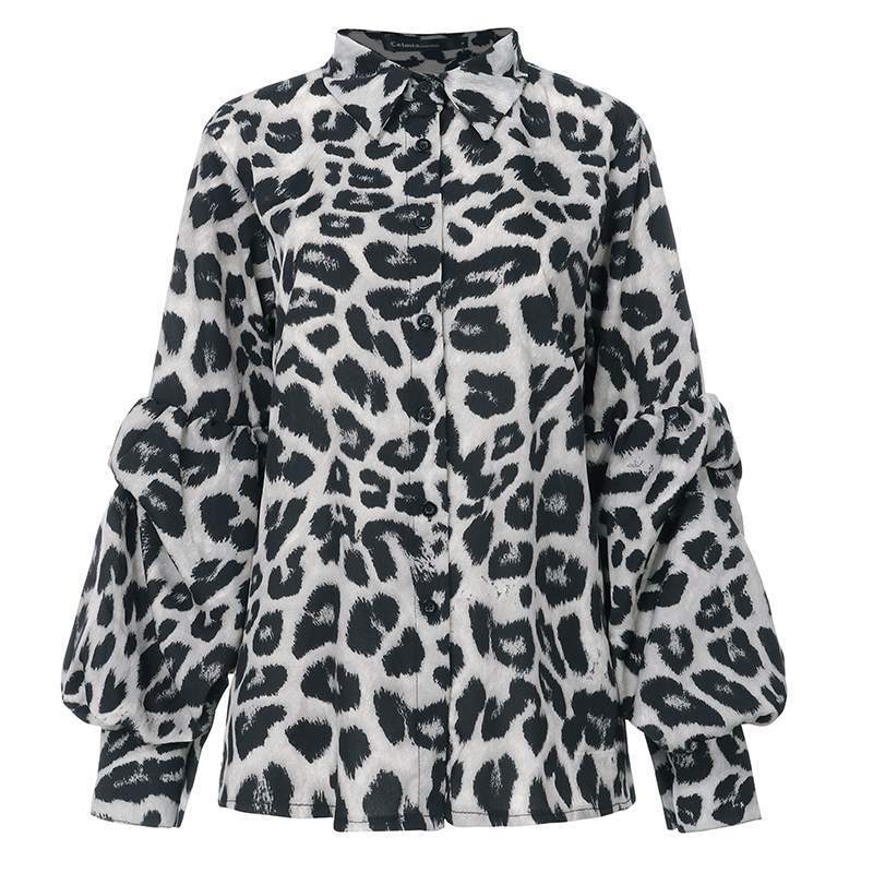 Stylish MONO//FIT leopard print tops for women with billowy sleeves and classic collar design