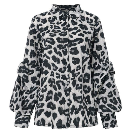 Stylish MONO//FIT leopard print tops for women with billowy sleeves and classic collar design