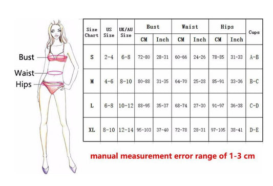 MONO//FIT Luxury Bling Bikini Set Size Chart with Bust, Waist, and Hips Measurements