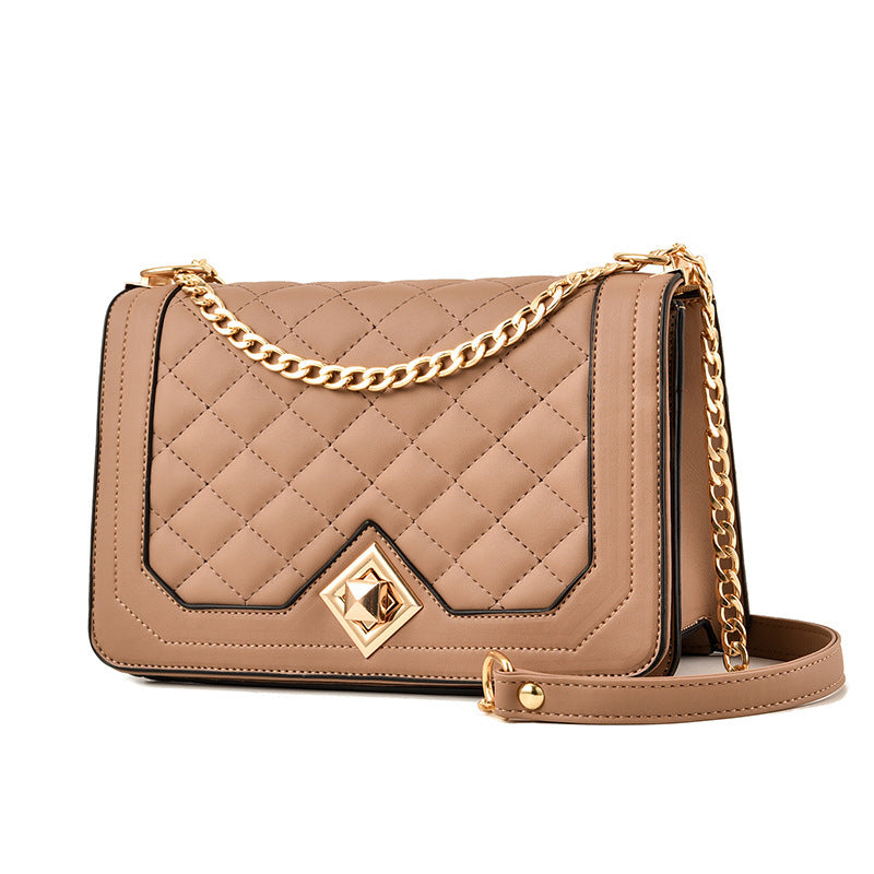 MONO//FIT luxury embroidered shoulder bag in tan with quilted design and gold accents