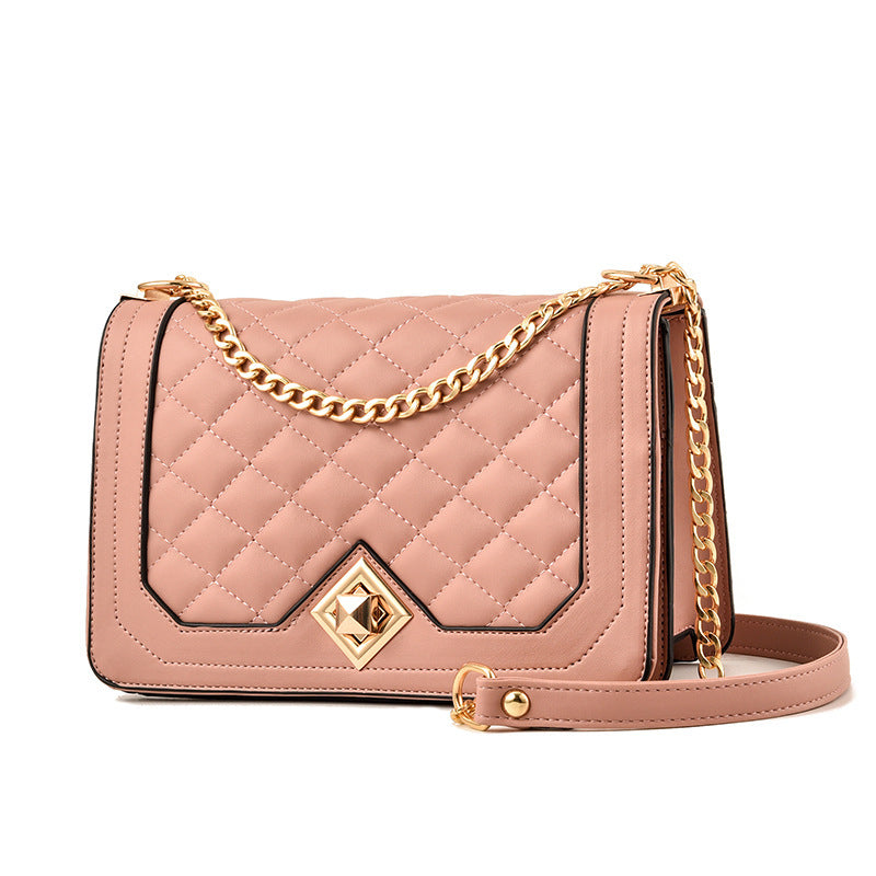 MONO//FIT luxury embroidered shoulder bag in soft pink with quilted design and gold chain strap