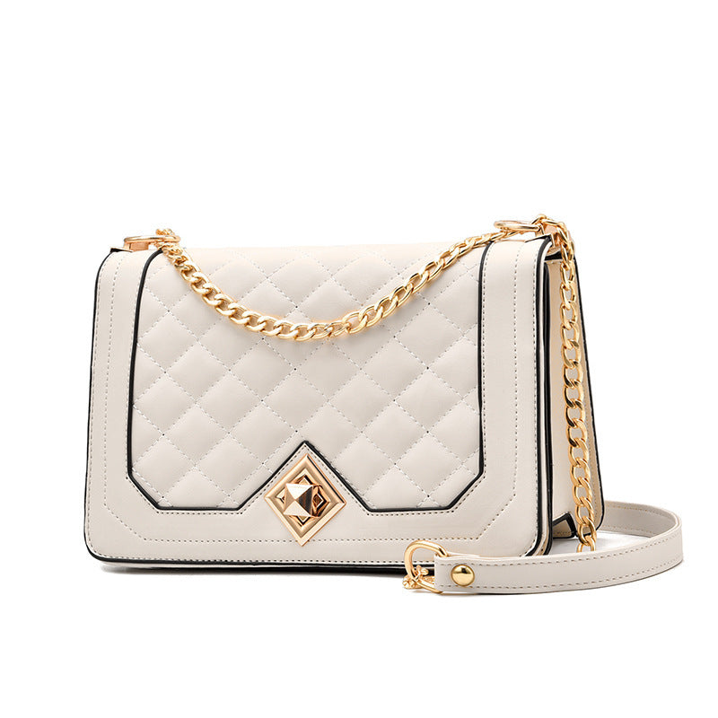 Stylish MONO//FIT luxury embroidered shoulder bag with gold chain and quilted design