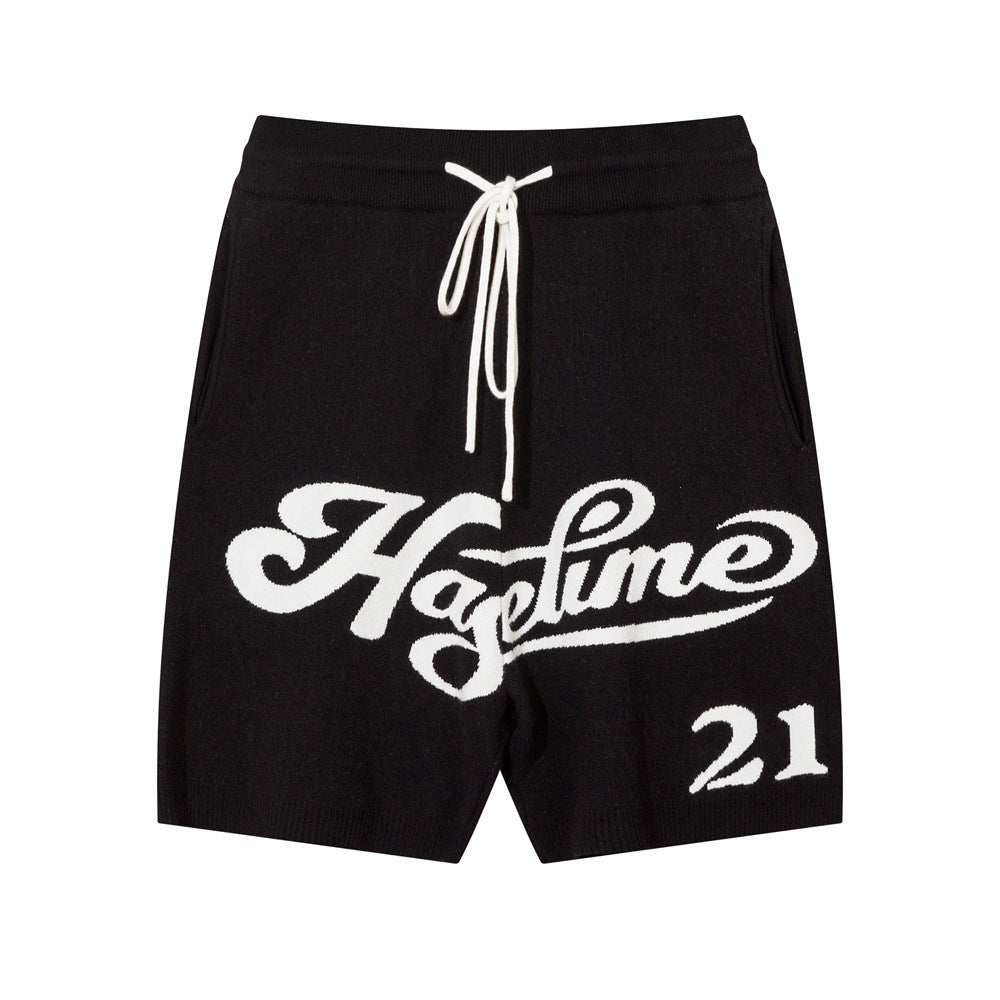 MONO//FIT Luxury wool shorts for men in black with white graphic and adjustable drawstring