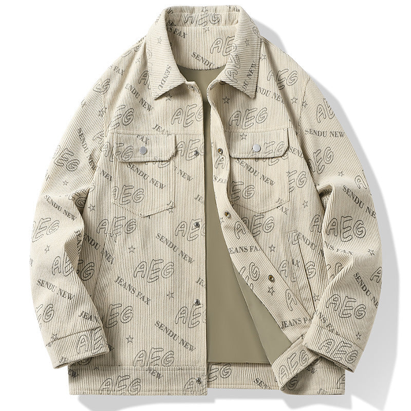 MONO//FIT men's autumn lapel jacket in beige with printed text and a stylish design