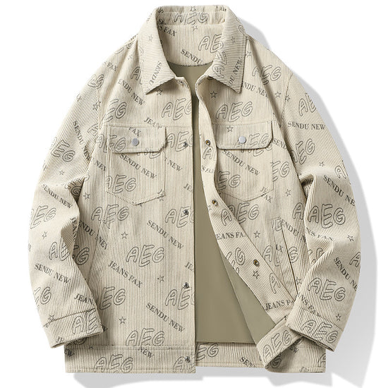 MONO//FIT men's autumn lapel jacket in beige with printed text and a stylish design