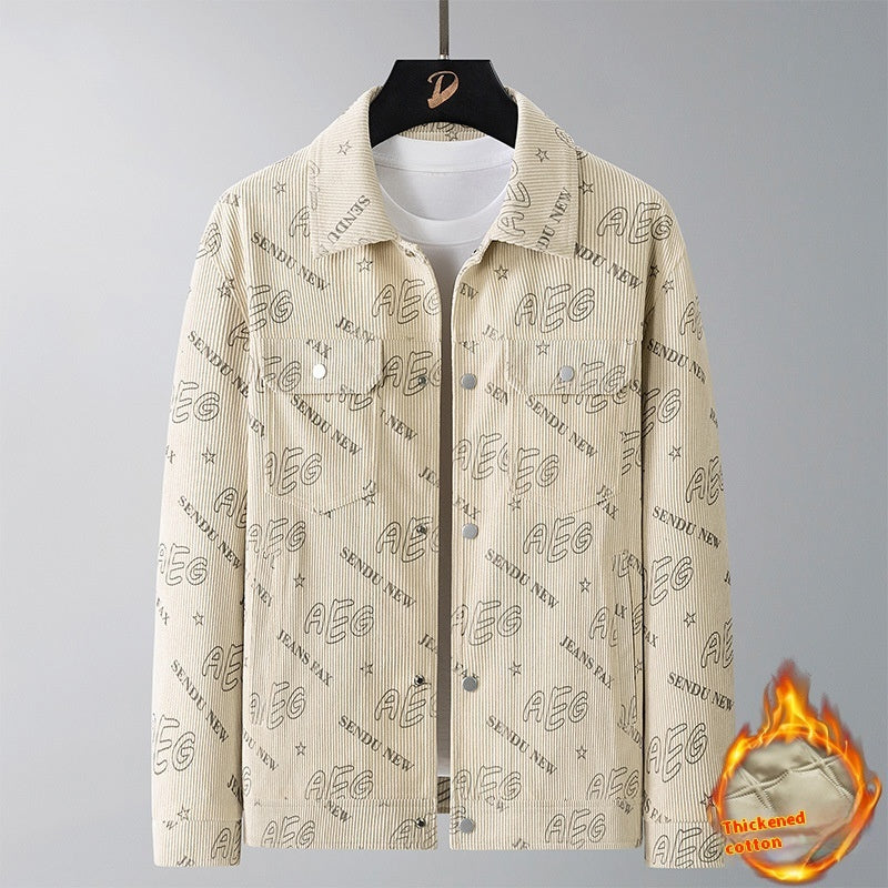 MONO//FIT men's autumn lapel jacket in beige with stylish text design and thickened cotton fabric
