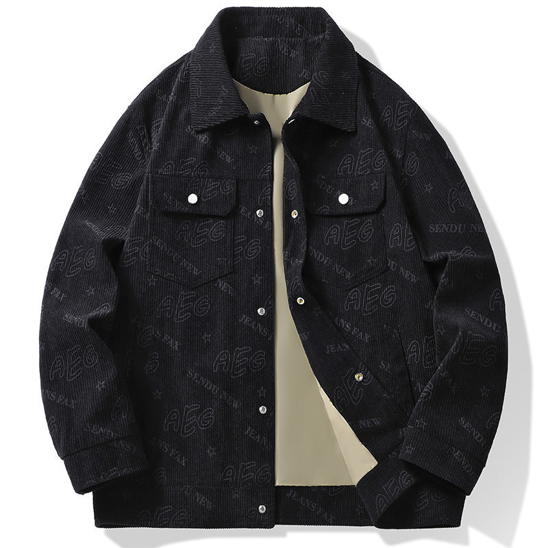 MONO//FIT men's autumn lapel jacket in black corduroy with front pockets and a stylish design
