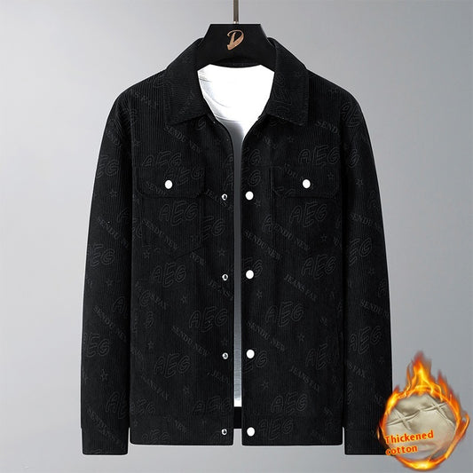 MONO//FIT men's autumn lapel jacket in black thickened cotton with button closure and two front pockets