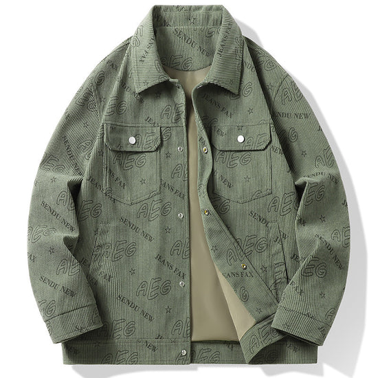 MONO//FIT men's autumn lapel jacket in olive green with stylish embroidered design and buttoned front