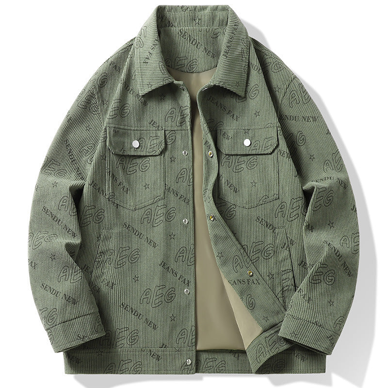 MONO//FIT men's autumn lapel jacket in green with stylish embroidered design and classic pockets