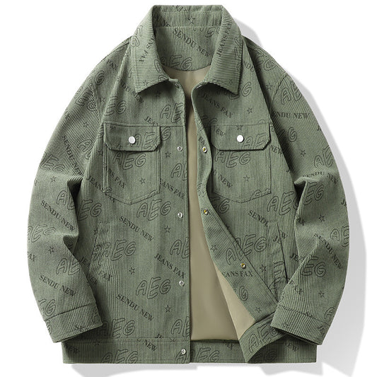 MONO//FIT men's autumn lapel jacket in green with stylish embroidered design and classic pockets