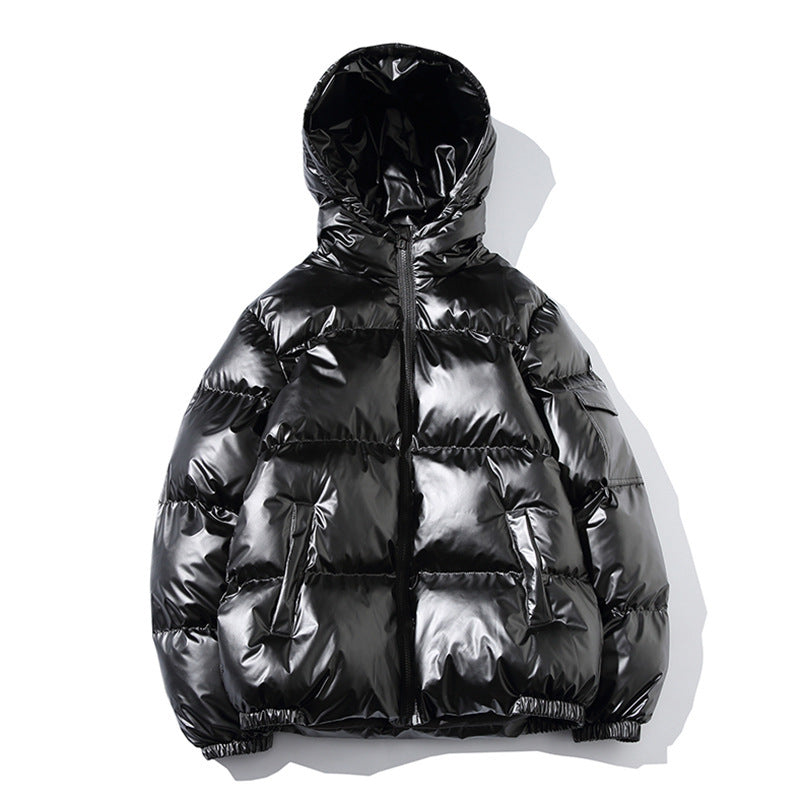 MONO//FIT men's cotton fashion jacket in shiny black with a hood and side pockets