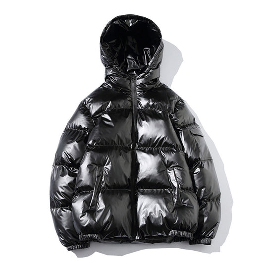 MONO//FIT men's cotton fashion jacket in shiny black with a hood and side pockets