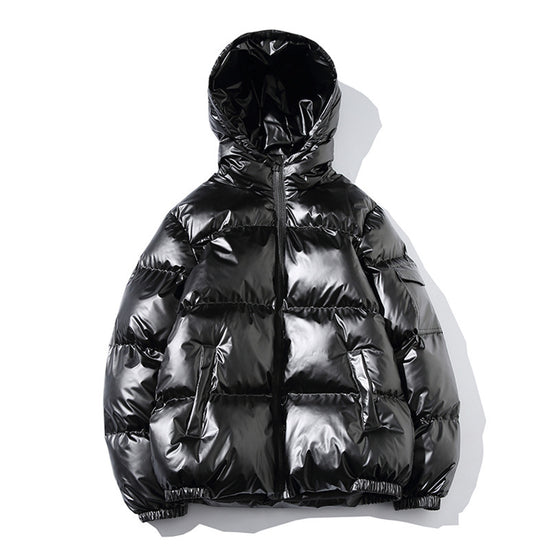 MONO//FIT men's cotton fashion jacket in shiny black with a hood and side pockets