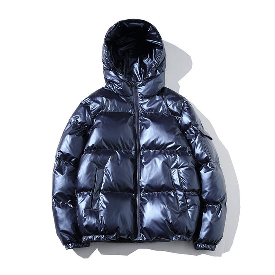 MONO//FIT men's cotton fashion jacket in navy blue with a puffy design and hood for stylish warmth