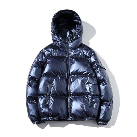 MONO//FIT men's cotton fashion jacket in shiny navy with a cozy hood and puffer design