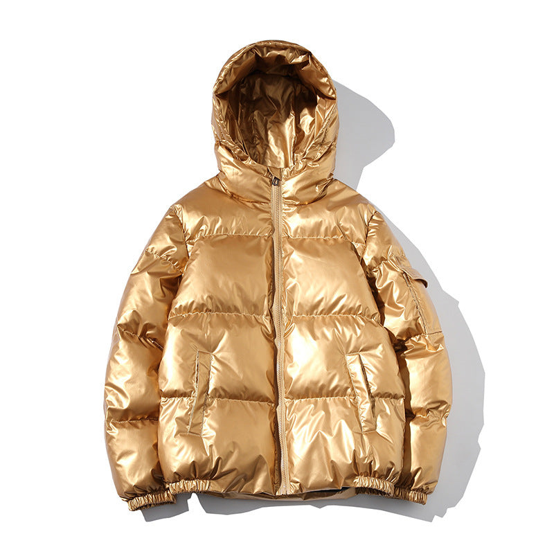 MONO//FIT men's cotton fashion jacket in shiny gold with a hood and puffer design for stylish warmth