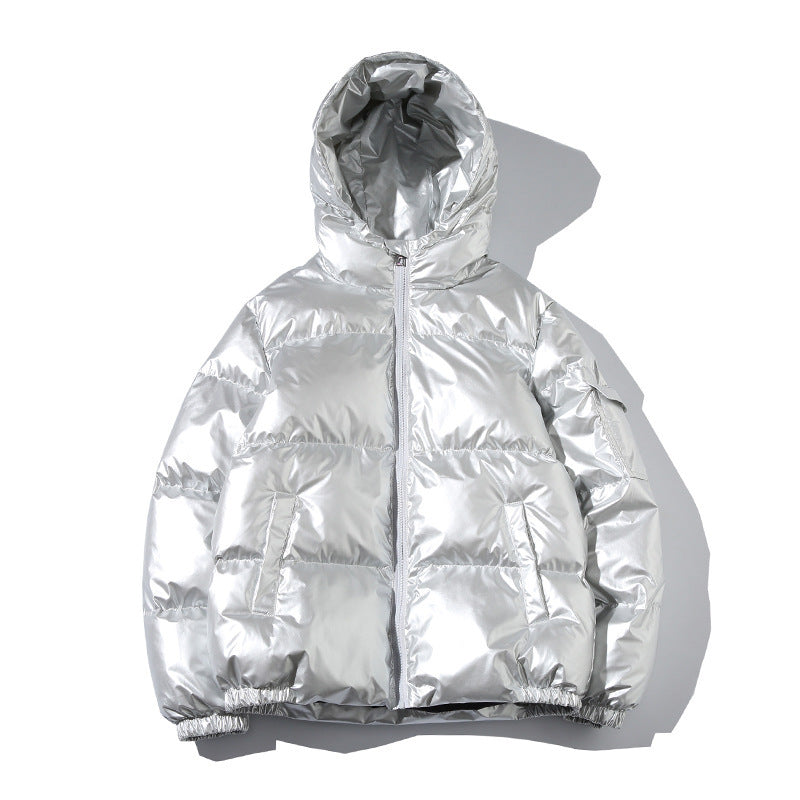 MONO//FIT men's cotton fashion jacket in shiny silver with hood and pockets for modern style