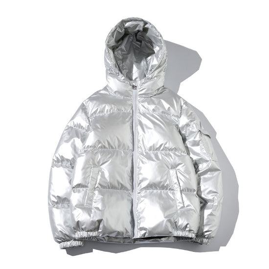 MONO//FIT men's cotton fashion jacket in shiny silver with hood and pockets for modern style