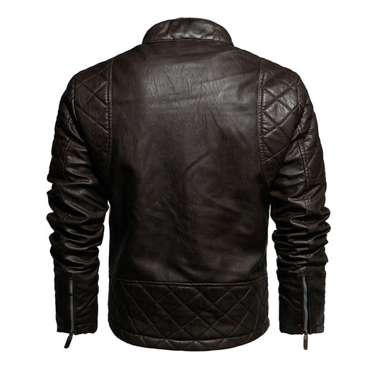 Back view of MONO//FIT men's leather jacket with quilted detailing and zipper cuffs
