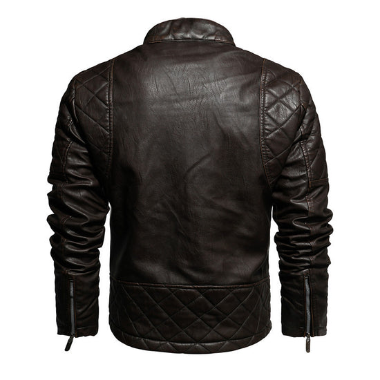 Back view of MONO//FIT men's leather jacket with quilted detailing and zipper cuffs