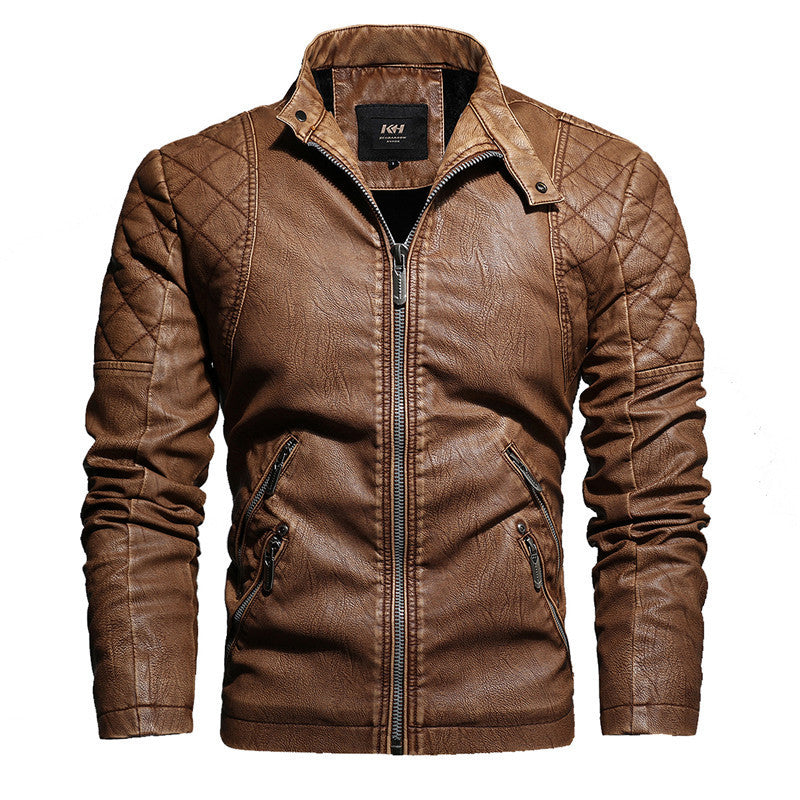 MONO//FIT men's leather jacket in brown with quilted design and multiple zippered pockets