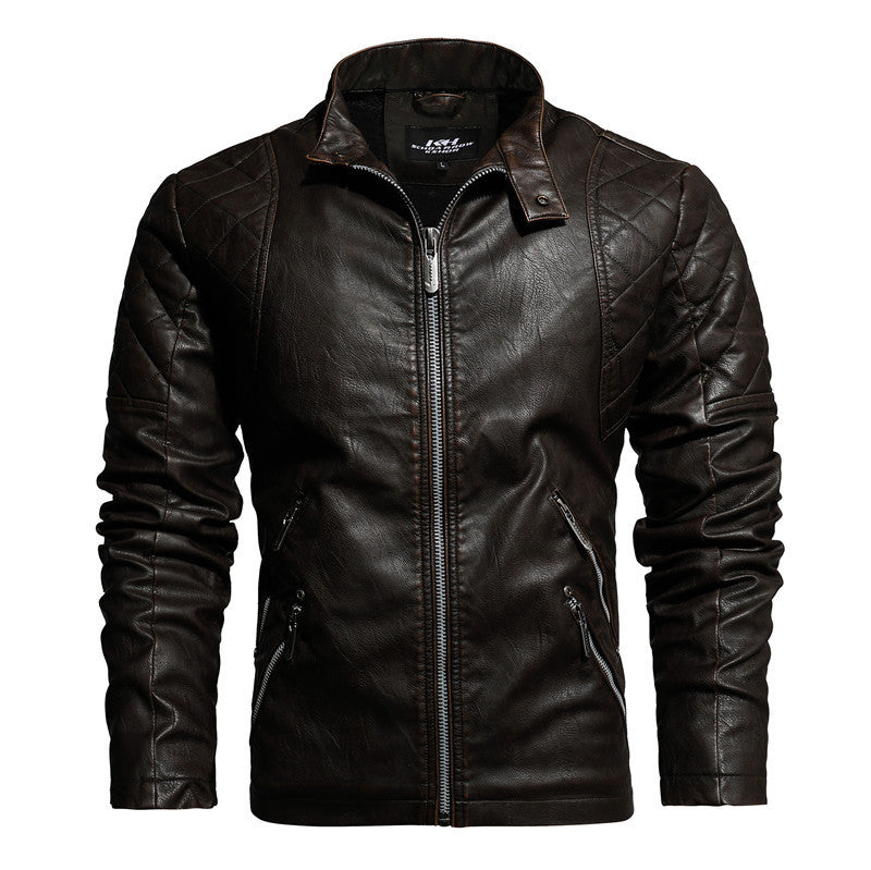 MONO//FIT men's leather jacket with quilted shoulder design and multiple zippered pockets