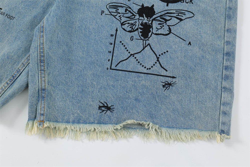 Men's printed denim shorts by MONO//FIT with graphic designs and frayed hem for a stylish look