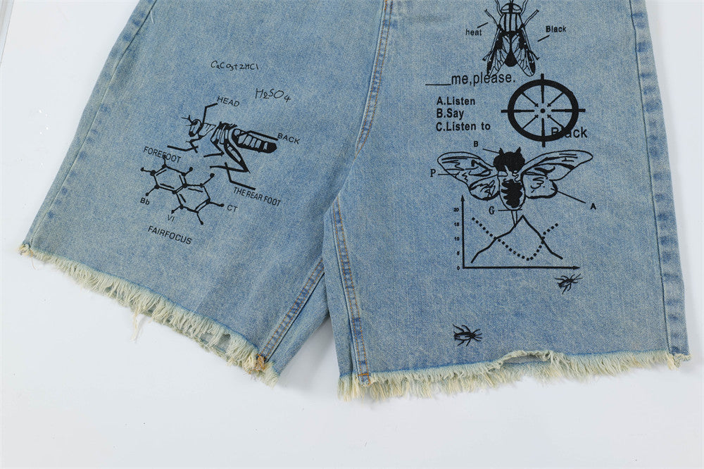 MONO//FIT men's printed denim shorts featuring unique graphic designs and frayed hem