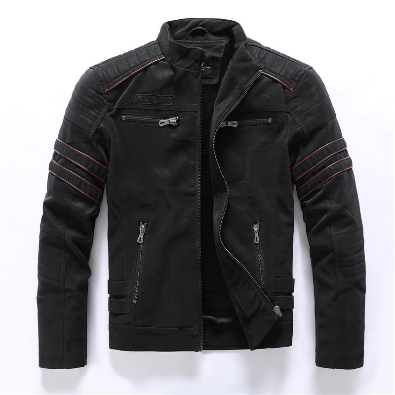 Men's PU leather jackets by MONO//FIT featuring a sleek black design and stylish red stitching