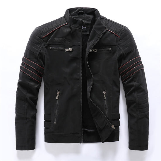 Men's PU leather jackets by MONO//FIT featuring a sleek black design and stylish red stitching