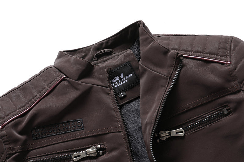 MONO//FIT men's PU leather jackets in dark brown with stylish zippered pockets