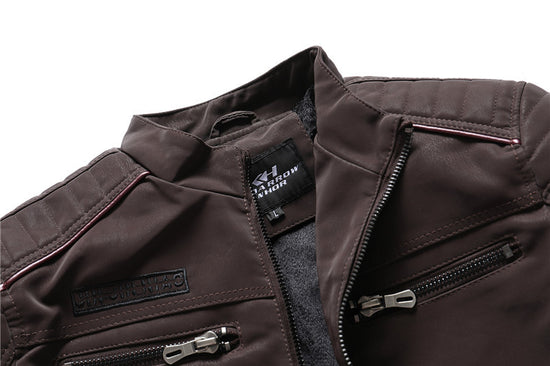 MONO//FIT men's PU leather jackets in dark brown with stylish zippered pockets