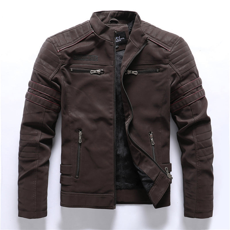 Stylish men's PU leather jackets by MONO//FIT in brown with detailed stitching and multiple pockets