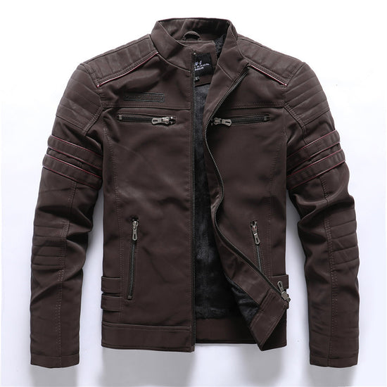 Stylish men's PU leather jackets by MONO//FIT in brown with detailed stitching and multiple pockets