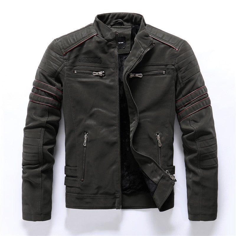 MONO//FIT men's PU leather jackets in dark green with stylish zipper details and quilted shoulders