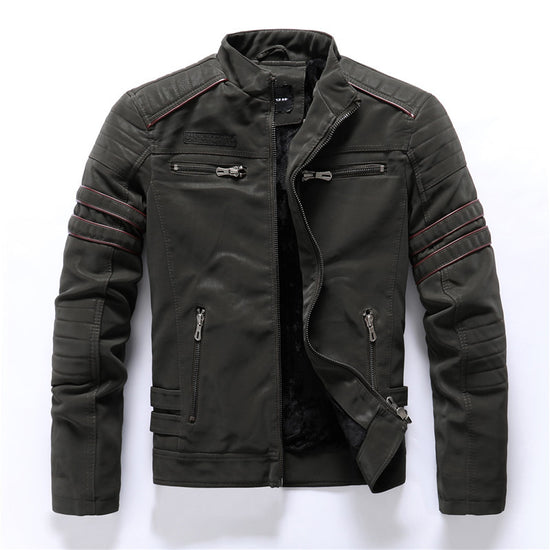 MONO//FIT men's PU leather jackets in dark green with stylish zipper details and quilted shoulders