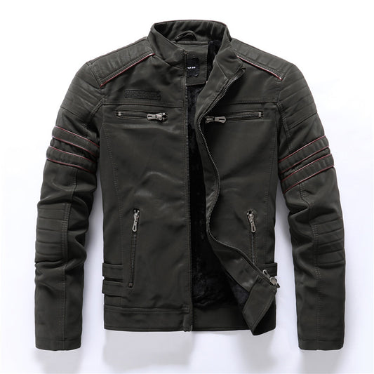MONO//FIT men's PU leather jackets in dark green with stylish quilted detailing and multiple pockets