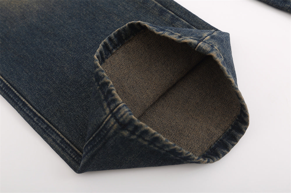 Close-up of MONO//FIT men's straight jeans fashion showcasing the cuff detail and inner fabric quality