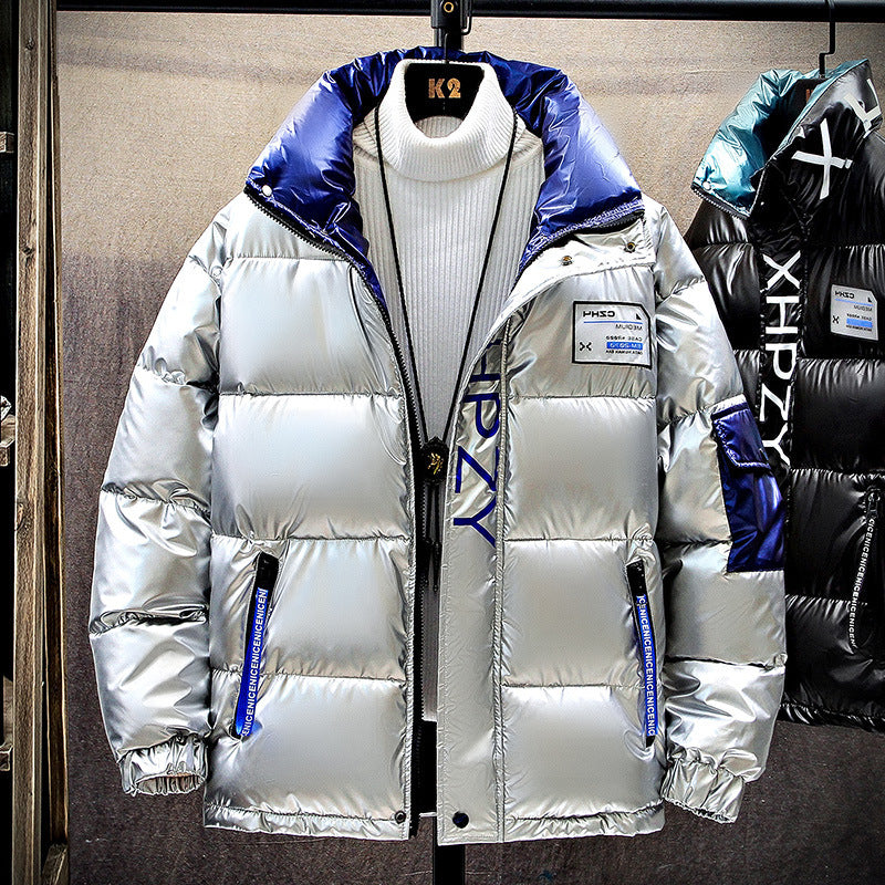 MONO//FIT men's winter down jacket in silver with a stylish oversized design and vibrant blue accents