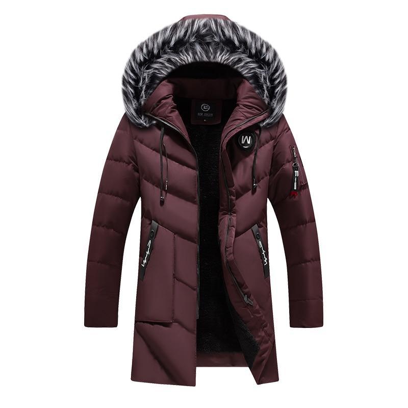 MONO//FIT men's winter jacket in burgundy with a fur-lined hood and zippered pockets