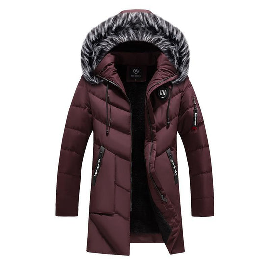 MONO//FIT men's winter jacket in burgundy with a fur-lined hood and zippered pockets