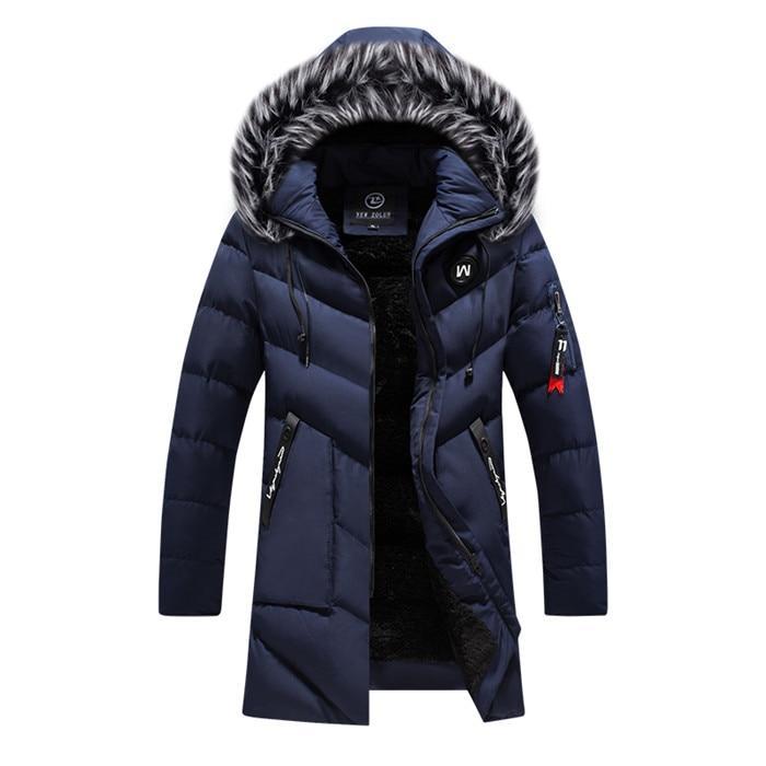 MONO//FIT men's winter jacket in navy blue with faux fur hood and zippered pockets