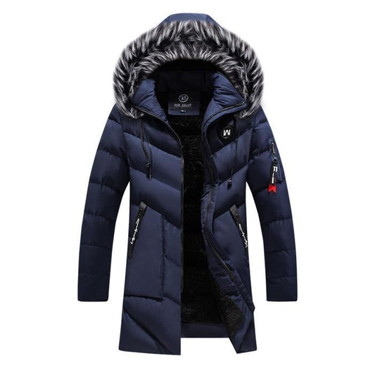 MONO//FIT men's winter jacket with fur-lined hood and multiple zippered pockets in navy blue