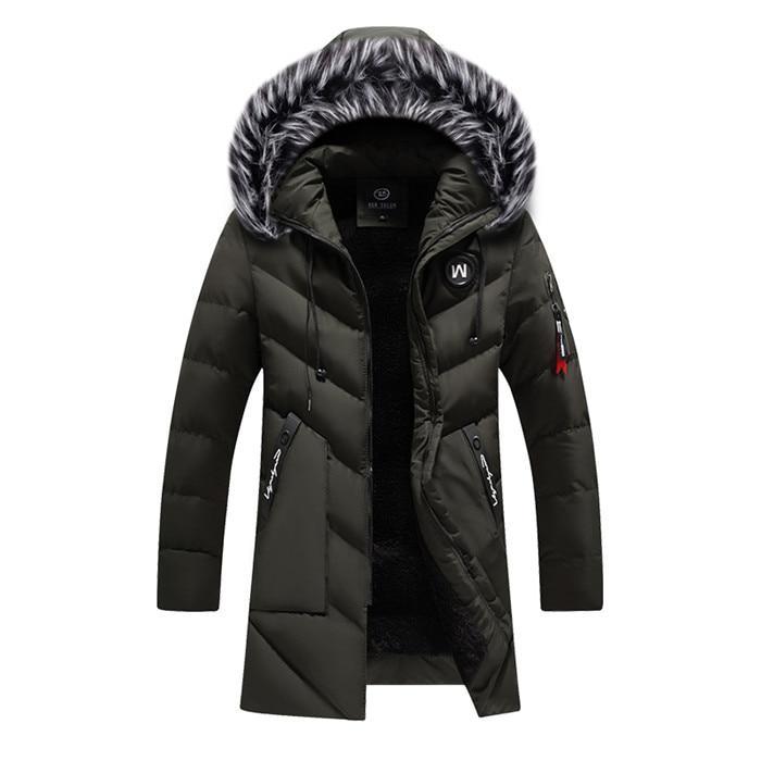 MONO//FIT men's winter jacket in green with faux fur hood and multiple pockets for warmth and style